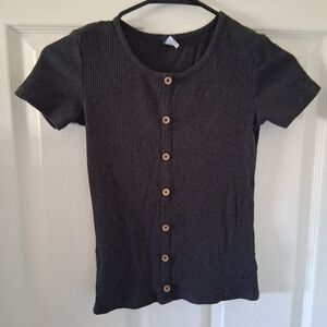 Old Navy Dark Gray Ribbed Button-Front Short Sleeve Top